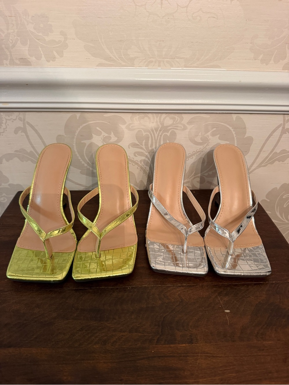 Metallic Croc-Embossed Square-Toe Thong Heels in Silver and Lime